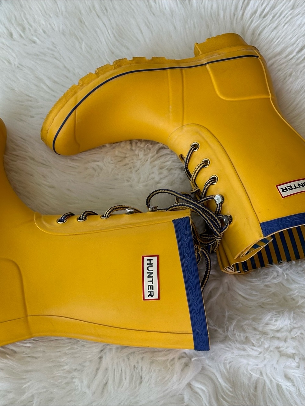 Hunter Yellow Lace-Up Rain Boots with Navy Trim